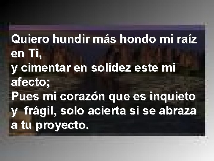 Quiero hundir más hondo mi raíz en Ti, y cimentar en solidez este mi