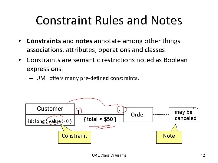 Constraint Rules and Notes • Constraints and notes annotate among other things associations, attributes,