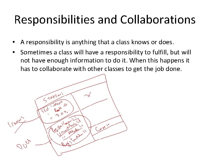 Responsibilities and Collaborations • A responsibility is anything that a class knows or does.