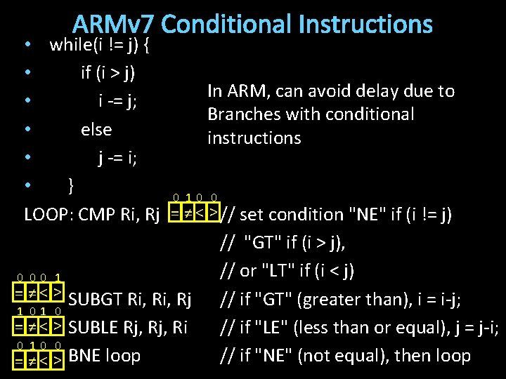 ARMv 7 Conditional Instructions • while(i != j) { • if (i > j) ARMv 7 Conditional Instructions • while(i != j) { • if (i > j)