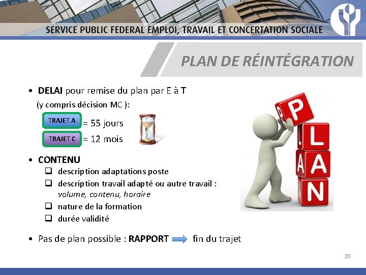 PLAN DE RÉINTÉGRATION • DELAI pour remise du plan par E à T (y