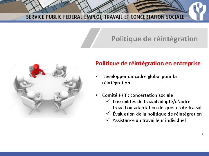 Politique de réintégration en entreprise • Développer un cadre global pour la réintégration •