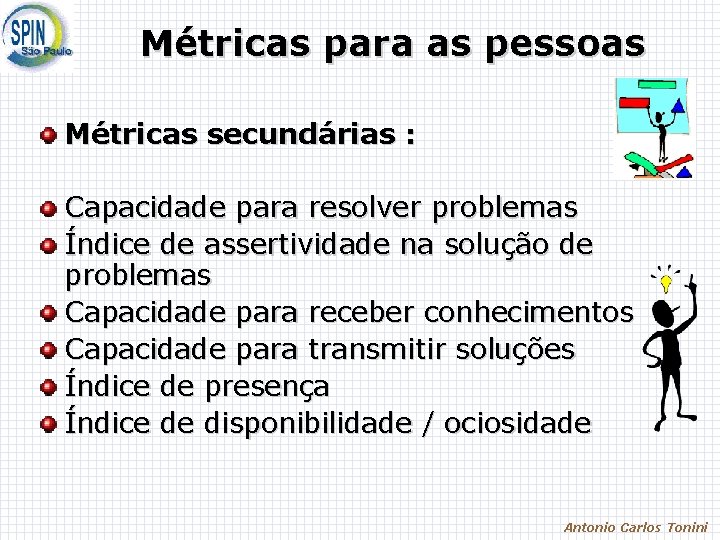 Métricas para as pessoas Métricas secundárias : Capacidade para resolver problemas Índice de assertividade