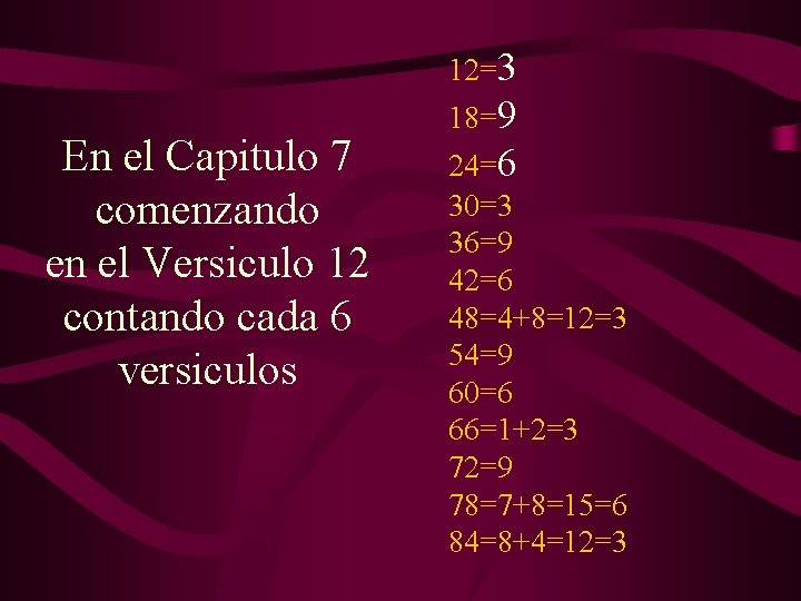 12=3 En el Capitulo 7 comenzando en el Versiculo 12 contando cada 6 versiculos
