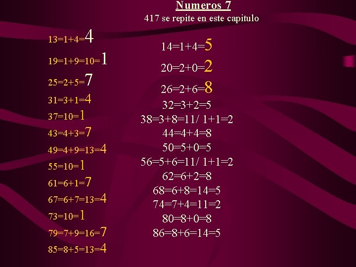 Numeros 7 417 se repite en este capitulo 13=1+4= 4 19=1+9=10= 25=2+5= 1 7