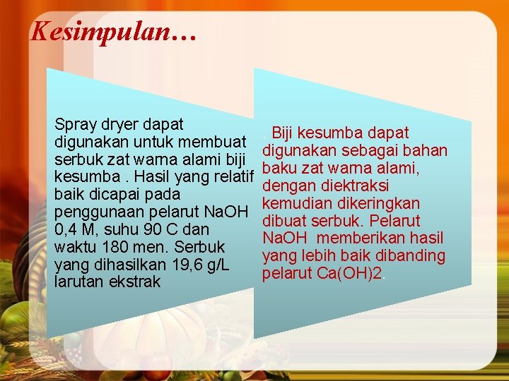 Kesimpulan… Spray dryer dapat digunakan untuk membuat serbuk zat warna alami biji kesumba. Hasil