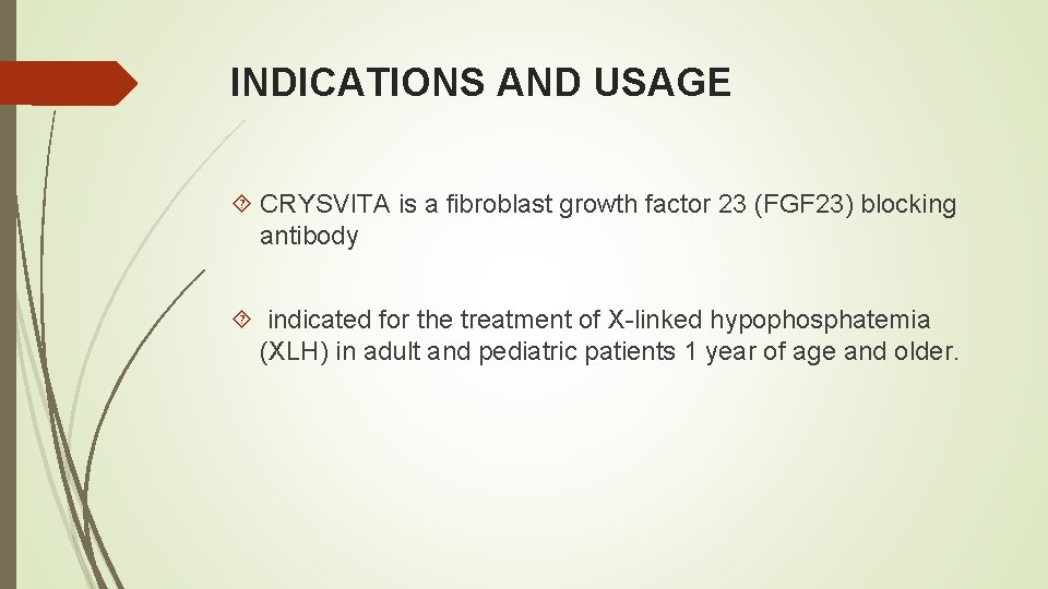 INDICATIONS AND USAGE CRYSVITA is a fibroblast growth factor 23 (FGF 23) blocking antibody