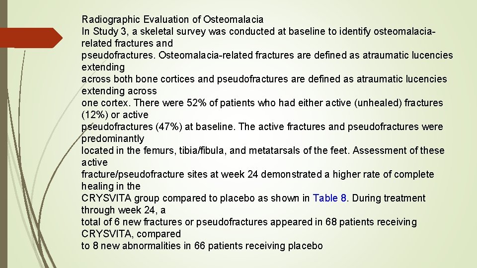 Radiographic Evaluation of Osteomalacia In Study 3, a skeletal survey was conducted at baseline