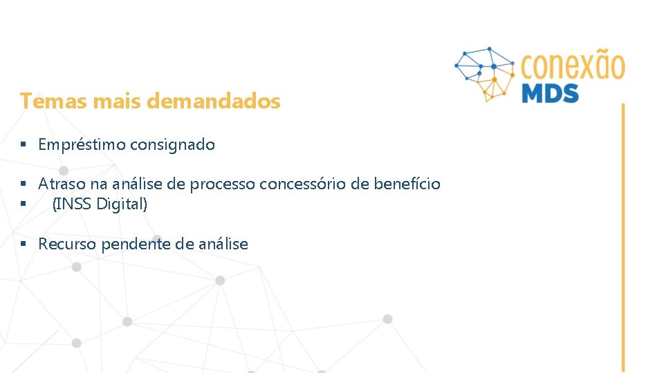 Temas mais demandados § Empréstimo consignado § Atraso na análise de processo concessório de