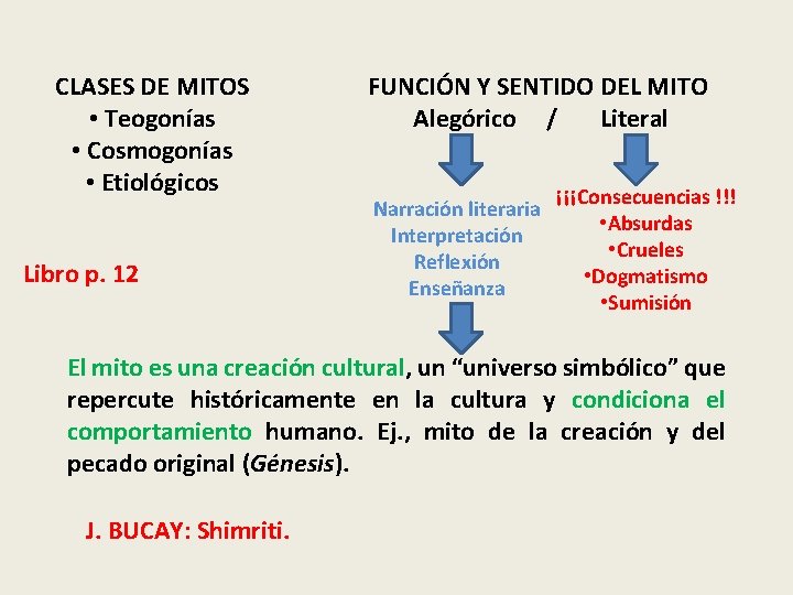 CLASES DE MITOS • Teogonías • Cosmogonías • Etiológicos Libro p. 12 FUNCIÓN Y