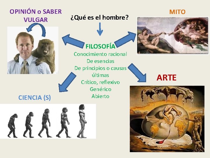 OPINIÓN o SABER VULGAR ¿Qué es el hombre? MITO FILOSOFÍA CIENCIA (S) Conocimiento racional