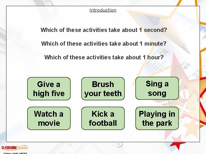 Introduction Which of these activities take about 1 second? Which of these activities take