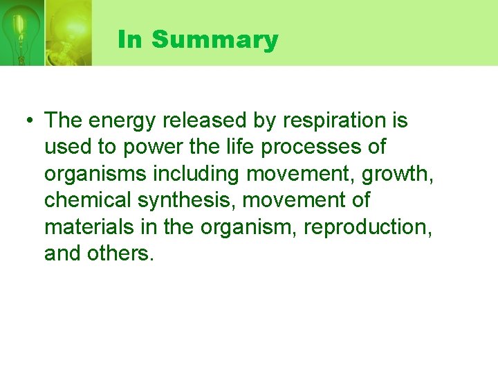 In Summary • The energy released by respiration is used to power the life