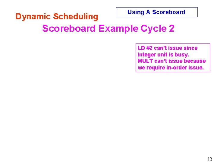 Dynamic Scheduling Using A Scoreboard Example Cycle 2 LD #2 can’t issue since integer Dynamic Scheduling Using A Scoreboard Example Cycle 2 LD #2 can’t issue since integer