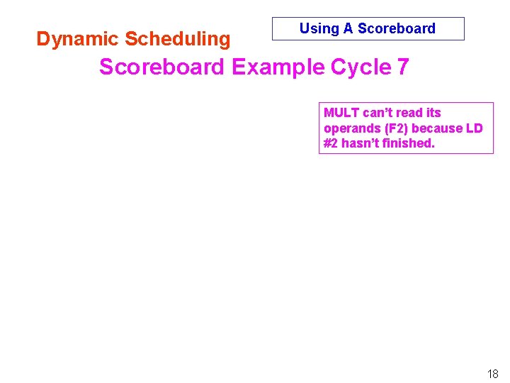 Dynamic Scheduling Using A Scoreboard Example Cycle 7 MULT can’t read its operands (F Dynamic Scheduling Using A Scoreboard Example Cycle 7 MULT can’t read its operands (F