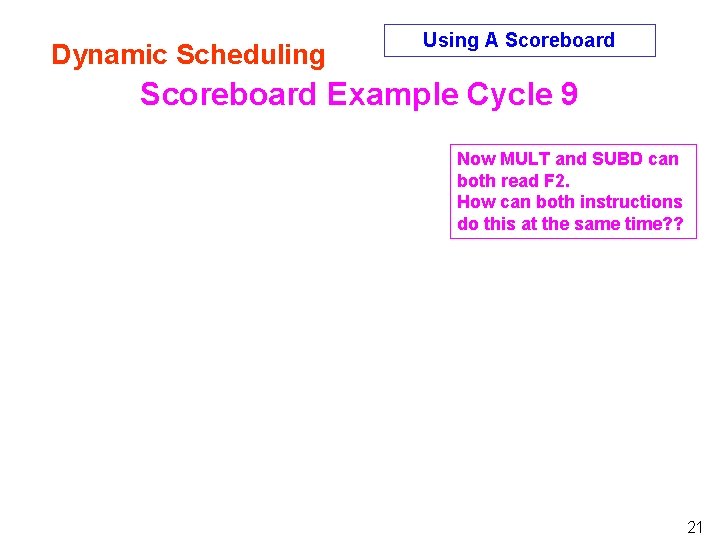 Dynamic Scheduling Using A Scoreboard Example Cycle 9 Now MULT and SUBD can both Dynamic Scheduling Using A Scoreboard Example Cycle 9 Now MULT and SUBD can both