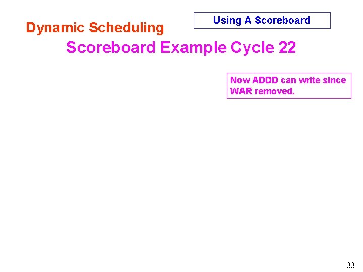 Dynamic Scheduling Using A Scoreboard Example Cycle 22 Now ADDD can write since WAR Dynamic Scheduling Using A Scoreboard Example Cycle 22 Now ADDD can write since WAR