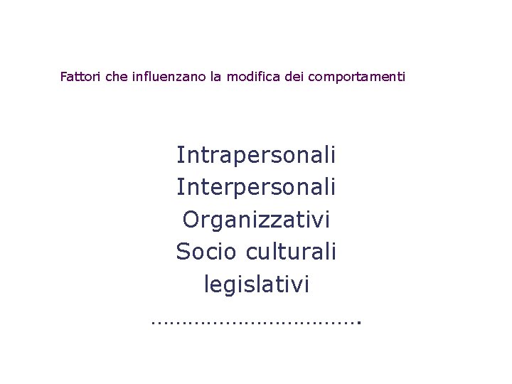 Fattori che influenzano la modifica dei comportamenti Intrapersonali Interpersonali Organizzativi Socio culturali legislativi ……………….