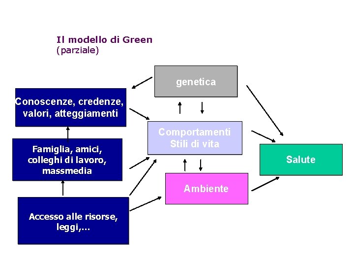Il modello di Green (parziale) genetica Conoscenze, credenze, valori, atteggiamenti Famiglia, amici, colleghi di