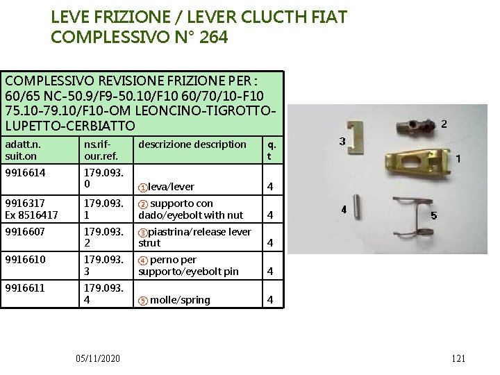 LEVE FRIZIONE / LEVER CLUCTH FIAT COMPLESSIVO N° 264 COMPLESSIVO REVISIONE FRIZIONE PER :