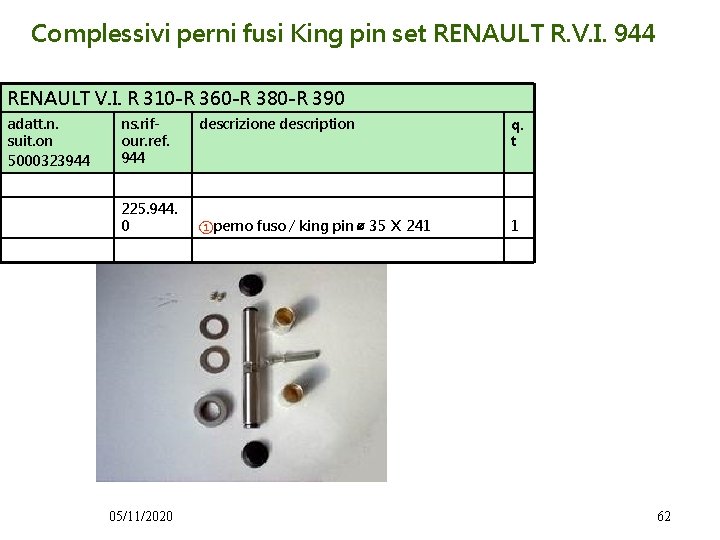 Complessivi perni fusi King pin set RENAULT R. V. I. 944 RENAULT V. I.