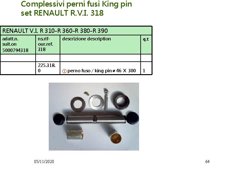 Complessivi perni fusi King pin set RENAULT R. V. I. 318 RENAULT V. I.