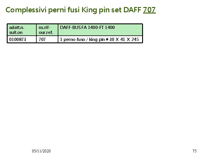 Complessivi perni fusi King pin set DAFF 707 adatt. n. suit. on ns. rifour.