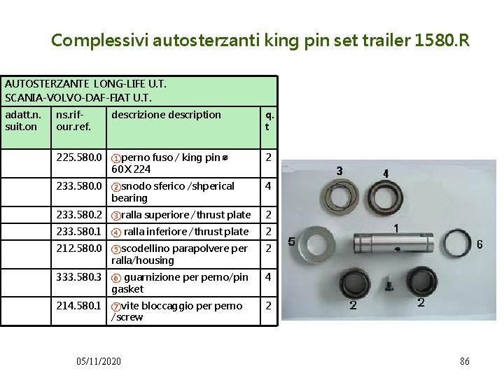 Complessivi autosterzanti king pin set trailer 1580. R AUTOSTERZANTE LONG-LIFE U. T. SCANIA-VOLVO-DAF-FIAT U.