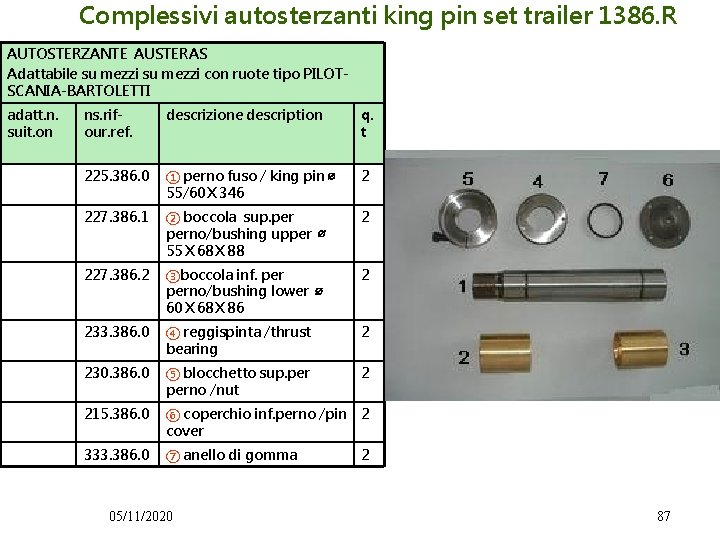 Complessivi autosterzanti king pin set trailer 1386. R AUTOSTERZANTE AUSTERAS Adattabile su mezzi con