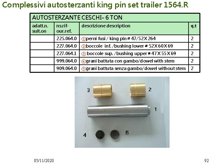 Complessivi autosterzanti king pin set trailer 1564. R AUTOSTERZANTE CESCHI- 6 TON adatt. n.