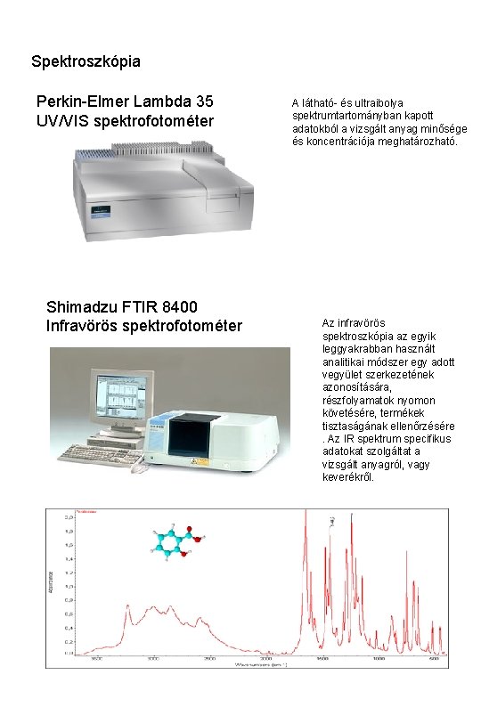 Spektroszkópia Perkin-Elmer Lambda 35 UV/VIS spektrofotométer Shimadzu FTIR 8400 Infravörös spektrofotométer A látható- és