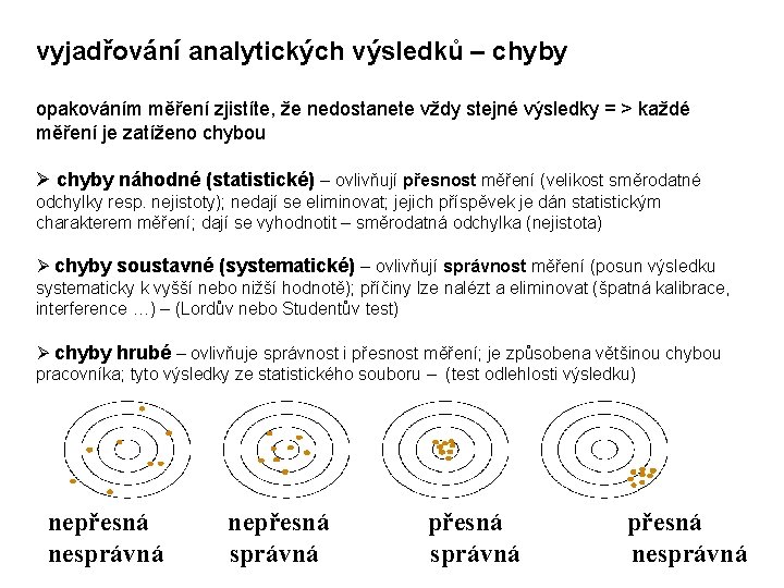 vyjadřování analytických výsledků – chyby opakováním měření zjistíte, že nedostanete vždy stejné výsledky =