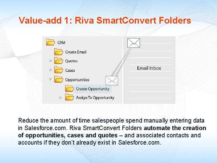 Value-add 1: Riva Smart. Convert Folders Reduce the amount of time salespeople spend manually