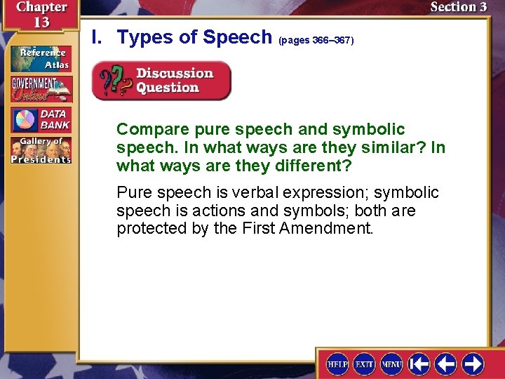 I. Types of Speech (pages 366– 367) Compare pure speech and symbolic speech. In
