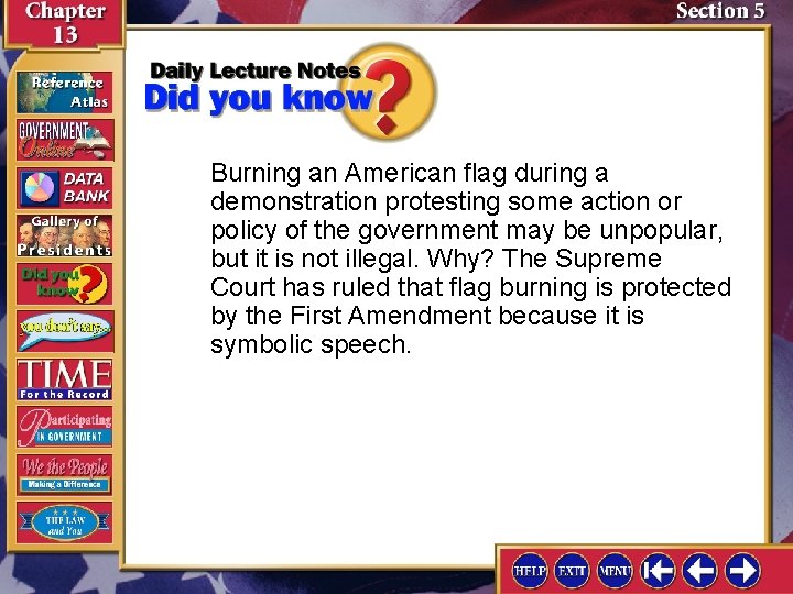 Burning an American flag during a demonstration protesting some action or policy of the