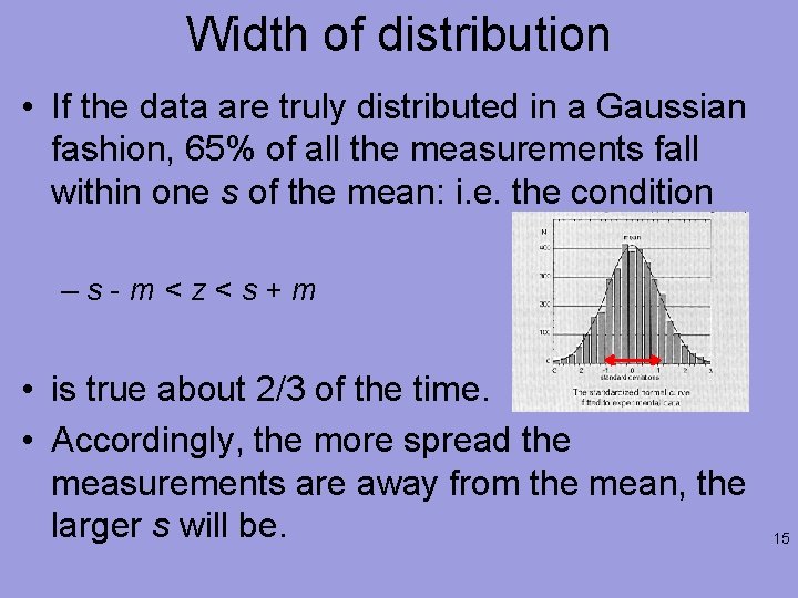 Width of distribution • If the data are truly distributed in a Gaussian fashion,