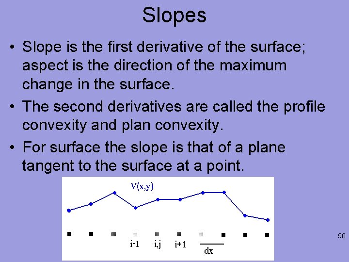 Slopes • Slope is the first derivative of the surface; aspect is the direction