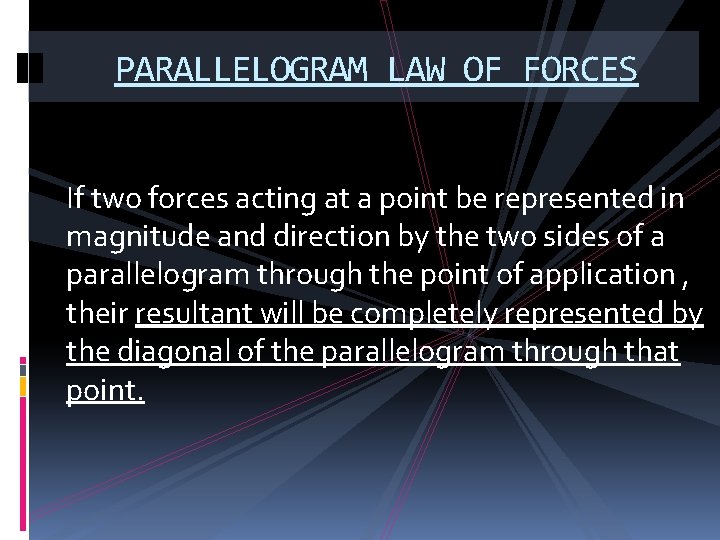 PARALLELOGRAM LAW OF FORCES If two forces acting at a point be represented in PARALLELOGRAM LAW OF FORCES If two forces acting at a point be represented in