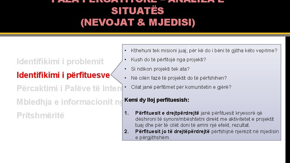 FAZA PËRGATITORE – ANALIZA E SITUATËS (NEVOJAT & MJEDISI) • Kthehuni tek misioni juaj,