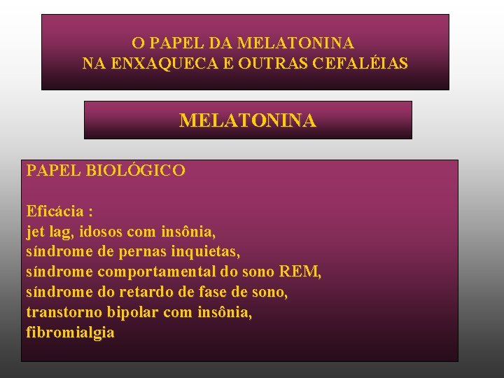 O PAPEL DA MELATONINA NA ENXAQUECA E OUTRAS CEFALÉIAS MELATONINA PAPEL BIOLÓGICO Eficácia :