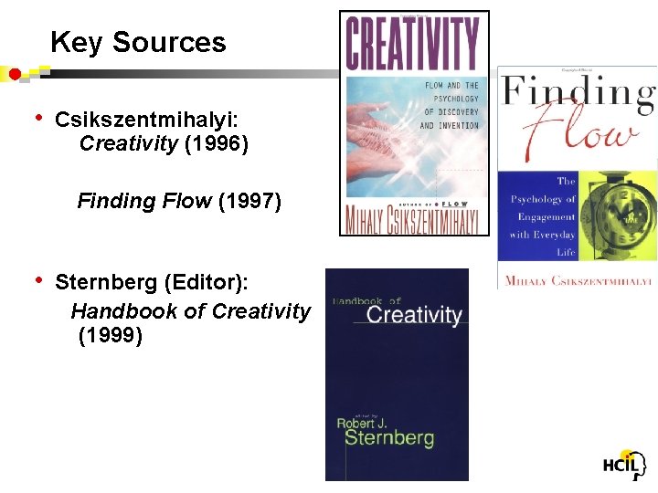 Key Sources • Csikszentmihalyi: Creativity (1996) Finding Flow (1997) • Sternberg (Editor): Handbook of