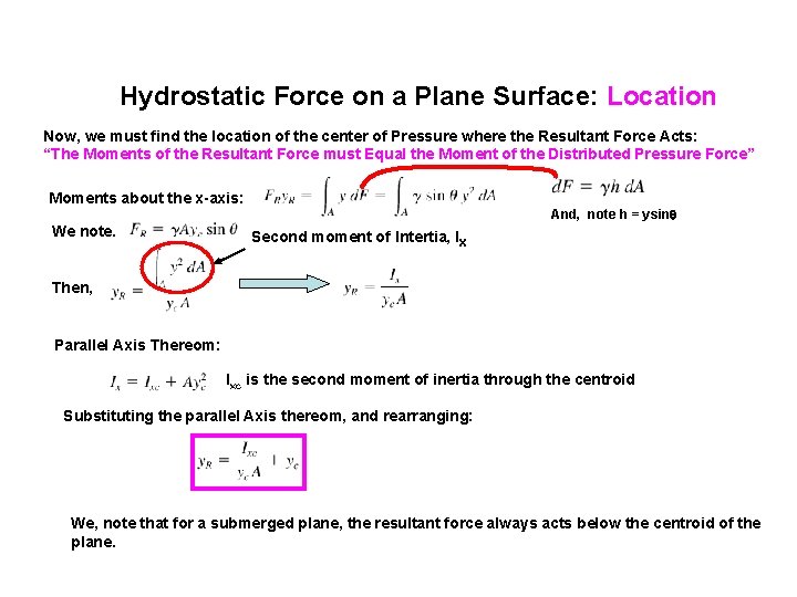 Hydrostatic Force on a Plane Surface: Location Now, we must find the location of