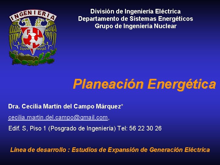 División de Ingeniería Eléctrica Departamento de Sistemas Energéticos Grupo de Ingeniería Nuclear Planeación Energética