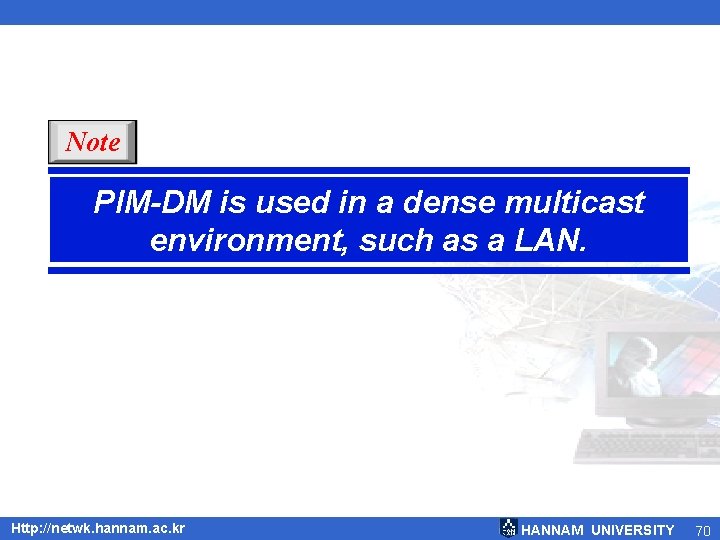 Note PIM-DM is used in a dense multicast environment, such as a LAN. Http:
