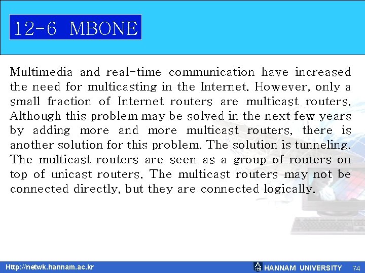 12 -6 MBONE Multimedia and real-time communication have increased the need for multicasting in