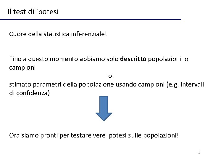 Il test di ipotesi Cuore della statistica inferenziale! Fino a questo momento abbiamo solo