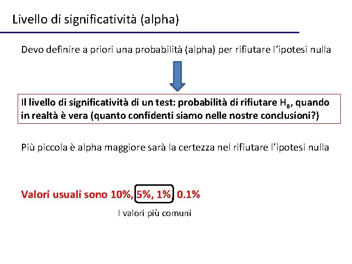 Livello di significatività (alpha) Devo definire a priori una probabilità (alpha) per rifiutare l’ipotesi