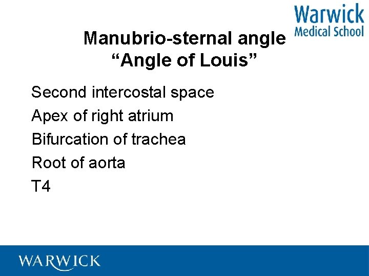 Manubrio-sternal angle “Angle of Louis” Second intercostal space Apex of right atrium Bifurcation of