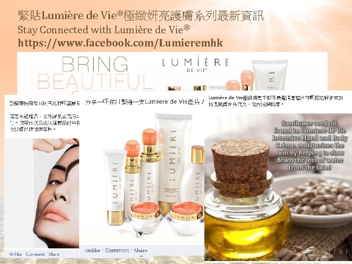 緊貼Lumière de Vie®極緻妍亮護膚系列最新資訊 Stay Connected with Lumière de Vie® https: //www. facebook. com/Lumieremhk 