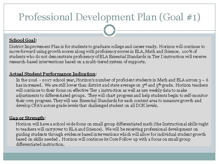 Professional Development Plan (Goal #1) School Goal: District Improvement Plan is for students to